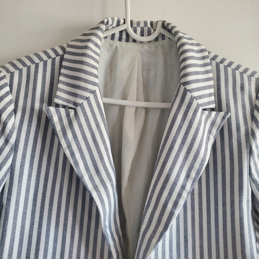 Express Blue & White Striped Zipper Blazer Size M Academia Preppy Corpcore - Picture 2 of 14